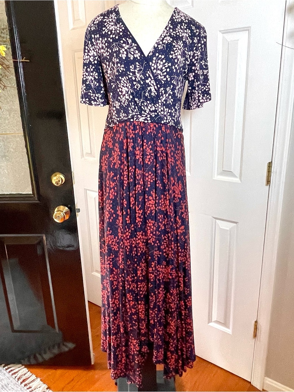 BODEN Mixed Floral Jersey Maxi Dress Navy Blue Pink Red Handkerchief Hem 12 Long